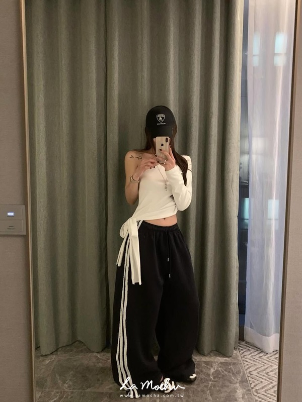 蕾絲條紋毛巾布棉褲